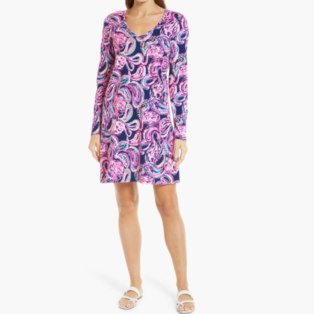 Lilly Pulitzer Etta Long Sleeve Shift Dress in High Tide Navy Flock To The Top L